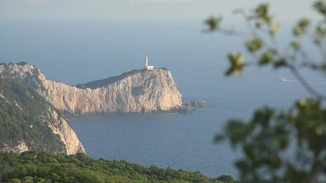 Greek landscape of Lefkada Island Ducato Cape with its lighthouse on the top