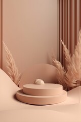 Sand pink beige pastel vertical podium background with pampas grass boho decorations, abstract mock up blank beauty show case cosmetic product pedestal stand minimal mockup showcase ai generative.