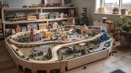 Fototapeta na wymiar An imaginative play area complete with a miniature cityscape and toy cars AI generated