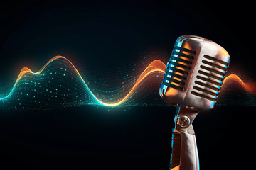 Retro microphone with music wave on black background