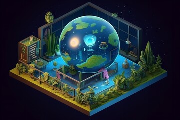 Isometric Earth Model: A Creative and Dynamic Representation of our Planet in 3D, floating, model, earth, isometric, 3d, planet, globe, representation, geography, science, education, technology, 