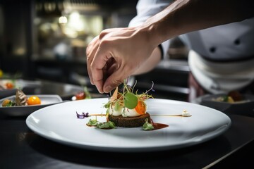 Fototapeta na wymiar chef's hands arrange dishes in the kitchen. Generative AI