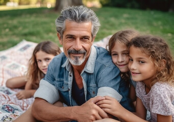 An aged father with little daughters are relaxing in park. Happy father's day. Happy family picnic. Ai generated.