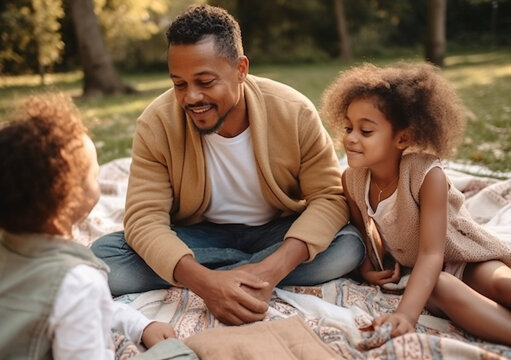 Father with little daughters are relaxing in park. Happy father's day. African American family. Ai generated.