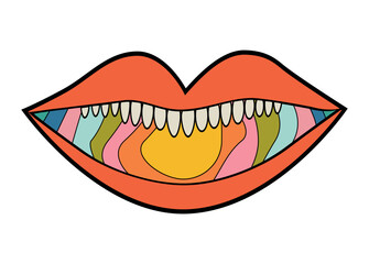 Psychedelic mouth with rainbow waves and 60s-70s hippie style teeth. Vector illustration.