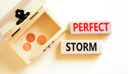 Perfect storm symbol. Concept words Perfect storm on beautiful wooden block. Beautiful white table...