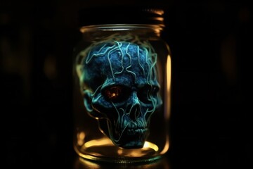 Spooky Bioluminescent Zombie Head in a Jar: A Chilling Display of Horror and Science Fiction, bioluminescence, zombie, head, jar, horror, science fiction, spooky, undead, macabre, 
