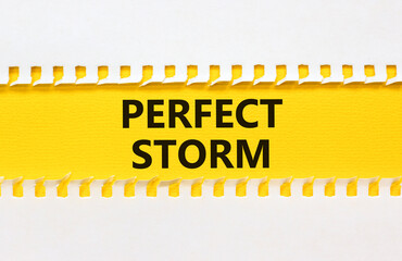 Perfect storm symbol. Concept words Perfect storm on beautiful yellow paper. Beautiful white table...