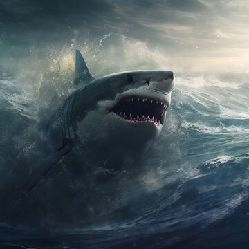 Huge Great White Shark Jumping Out Of The Water To Attack. Generative AI
