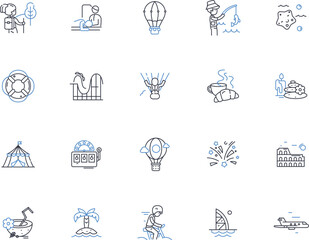 Entertaining diversion line icons collection. Amusement, Fun, Distraction, Recreation, Pastime, Entertainment, Relaxation vector and linear illustration. Enjoyment,Diversion,Pleasure outline signs set