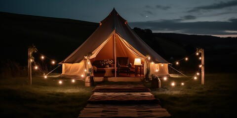 Fototapeta na wymiar Glamping camping teepee tent at night. Summer white camping. Nature green tourism. Generative AI