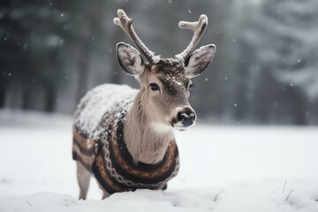 Deer in Christmas sweater with antler decorations and presents in snow, holiday concept. Christmas holiday. Generative AI