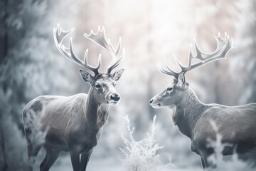 Double exposure of reindeer and winter forest. Christmas holiday. Generative AI