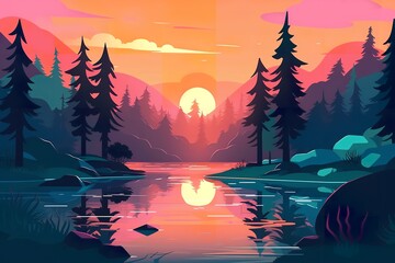 Serene Sunrise at the Pine-lined River: A Majestic Scene of Nature's Beauty, river, sunrise, pine trees, sun, nature, landscape, scenic, tranquility, peaceful,