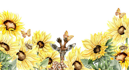 Watercolor horizontal seamless background with sunflowers. Butterflies in cartoon style. Hand drawn illustration of summer. Perfect for scrapbooking, kids design, wedding invitation. greetings cards.
