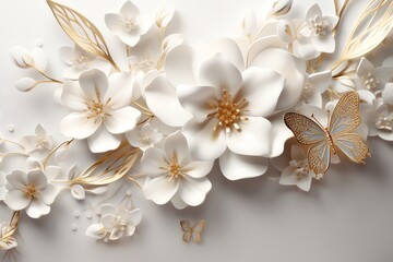 Fototapeta na wymiar 3d White Jewelry Flowers Wallpaper With Golden Branches And Butterflies. Generative AI