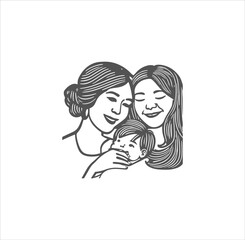 Mother daughter and son vector line art.