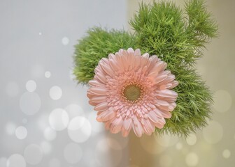 Vase filled with green flowers and pink gerbera with a bokeh background
