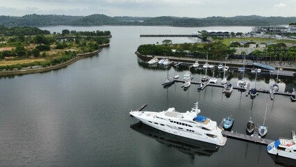 Aerial view of the luxury yachts docked at the pier