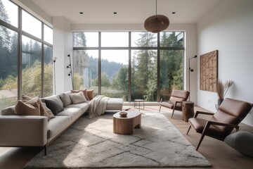 Obraz na płótnie Canvas Beautiful and large living room interior, generative ai