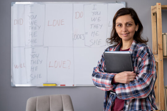 Portrait of smiling woman near whiteboard with English language grammar rules, confident teacher lady standing with folded arms and looking to camera. Learning and knowledge