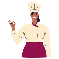 Dark-skinned female chef shows ok. The chef is gesturing  that everything is fine, cool and excellent. Smiling woman in toque and uniform. The character is isolated on a white background. Flat vector - obrazy, fototapety, plakaty
