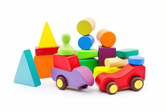  wooden toys, toy train on a white,ai generative