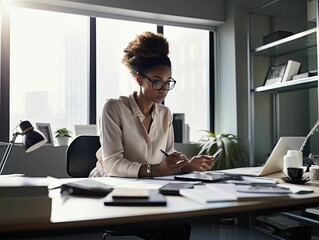 Obraz premium Capturing the Beauty of Productivity: A Generative AI-Created Portrait of a Beautiful Businesswoman Typing on Laptop