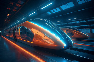 Fototapeta premium Future Technology Trains in Railway Stations. AI technology generated image