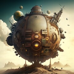 a steampunk city inside a sphere