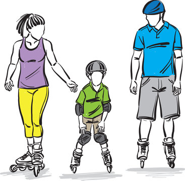 family with roller skates learning little boy son father mother together vector illustration