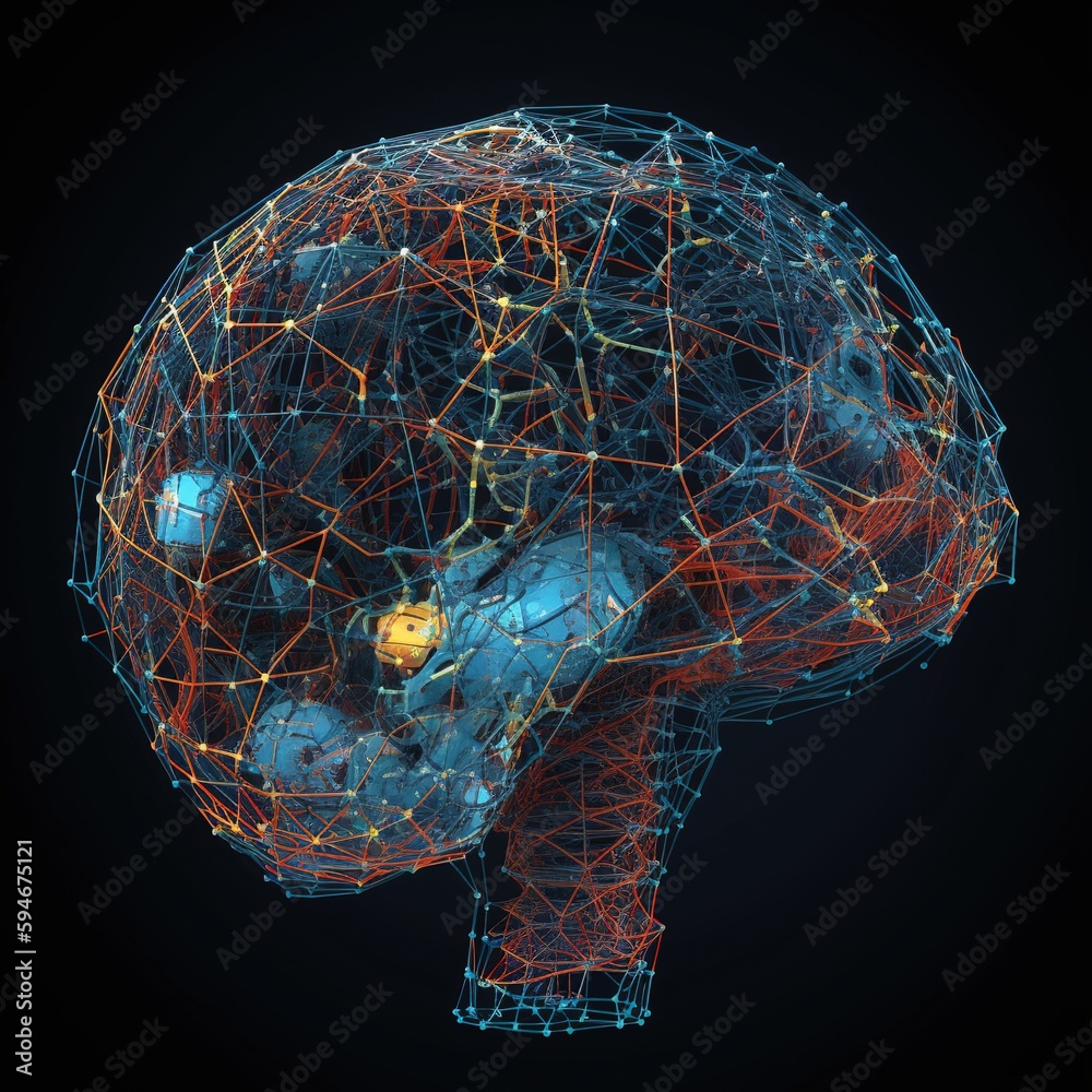 Poster blue neural connection lines and flashing dots form a digital brain shape. generative ai