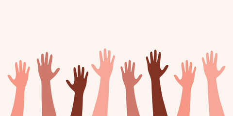 Hands raised up, different people from different ethnic groups. isolated on pastel background. Vector illustration