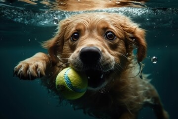 Playful Pup Chasing a Tennis Ball Underwater - Generative AI
