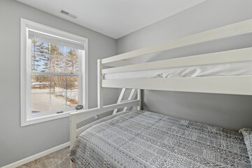 Contemporary bedroom interior featuring bedroom with a ladder bed with gray walls