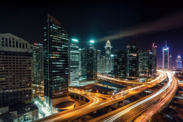 Fototapeta na wymiar aerial view of big city with traffic line at night