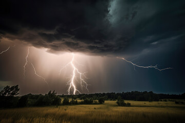 Fototapeta na wymiar Lightning in the storm, on the prairie