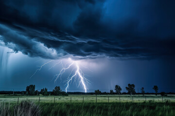 Naklejka na ściany i meble storm with light above prairie, ai generative images.