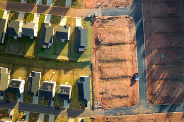 View from above of densely built residential houses under construction in south Carolina residential area. American dream homes as example of real estate development in US suburbs