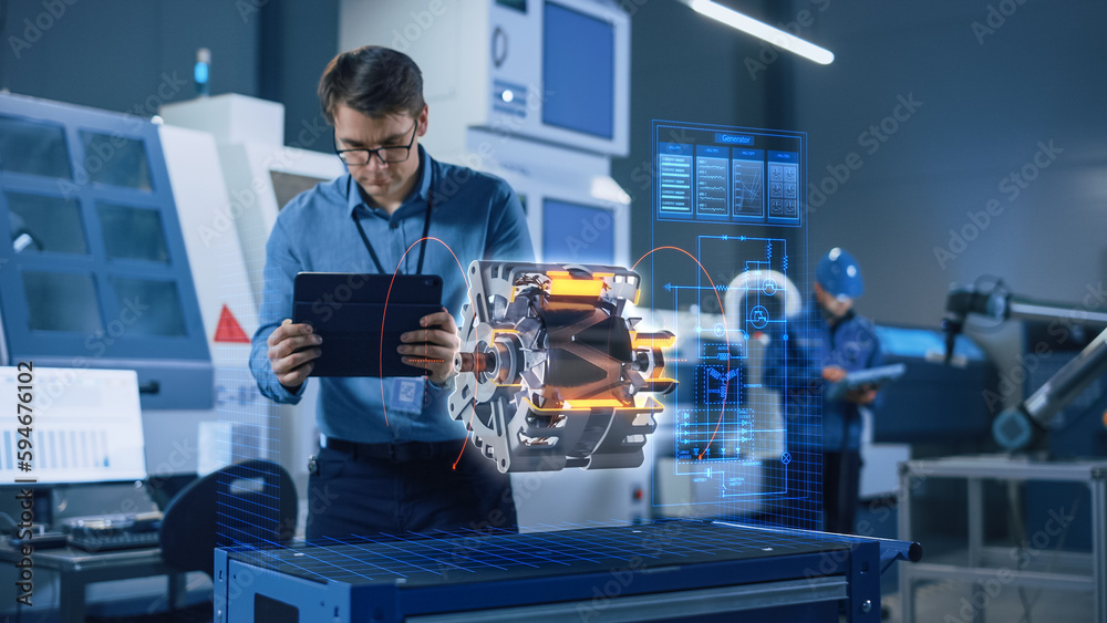 Poster factory office facility: chief engineer developer holds tablet computer, examins augmented reality m