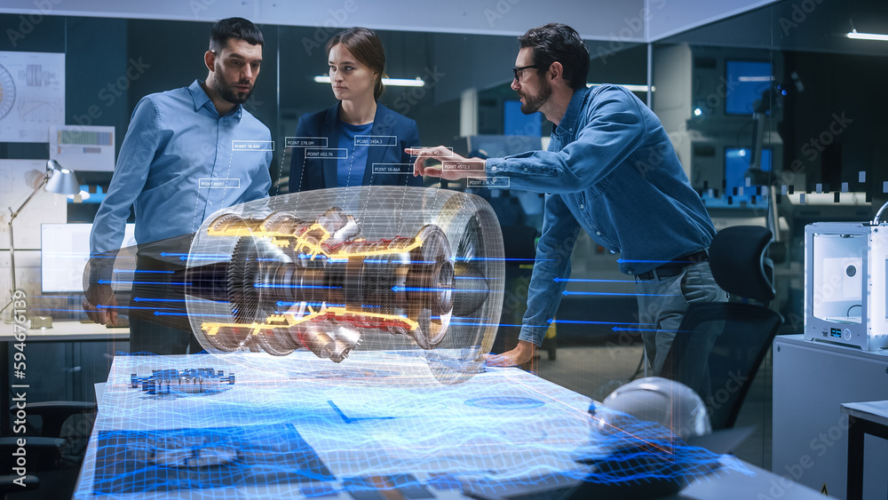 Aufkleber Aeronautics Factory Meeting Room: Team of Diverse Engineers and Managers Work on an Augmented Reality Airplane Jet Engine Simulation. Advanced Industry 4.0 Research and Development Concept.