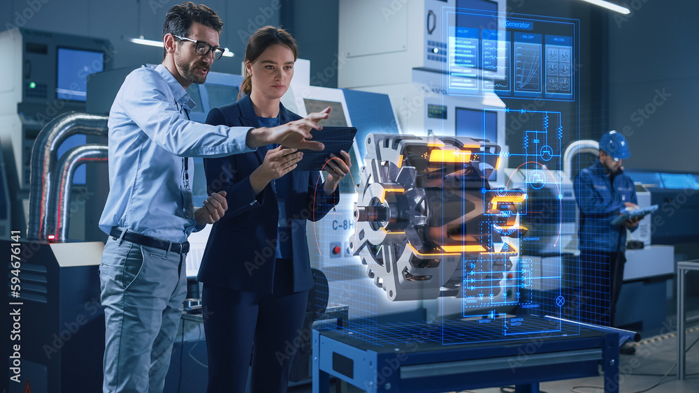 Poster factory office facility: chief engineer holds tablet computer, shows augmented reality model of an e