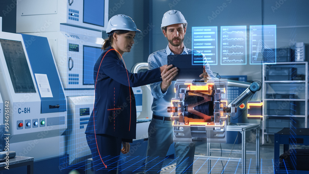 Poster factory office facility: chief engineer holds tablet computer, shows augmented reality model of elec
