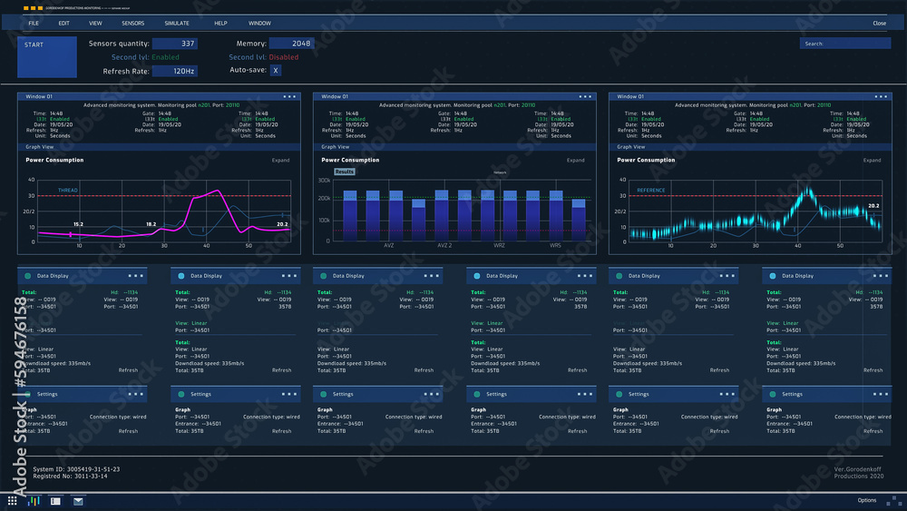 Aufkleber Computer User Interface Showing Various Infographics, Monitoring Data Transfer Speeds, Statistics, Analytics and Proper Functioning of Server. Software for Modern Facilities Concept.