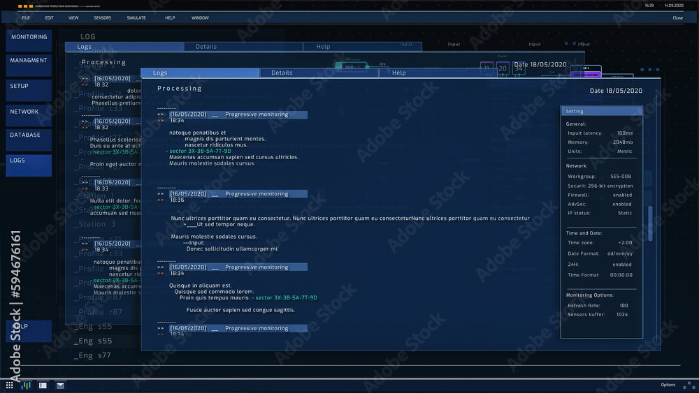 Leinwandbilder computer user interface showing infographics, working coding terminal, cyber security checkup, monit