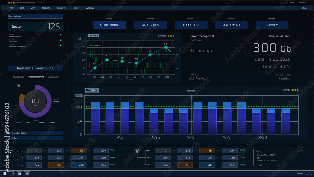 Poster Computer User Interface Showing Various Infographics, Monitoring Data Transfer Speeds, Statistics, Analytics and Proper Functioning of Server Database. Software for Big Facilities Concept.