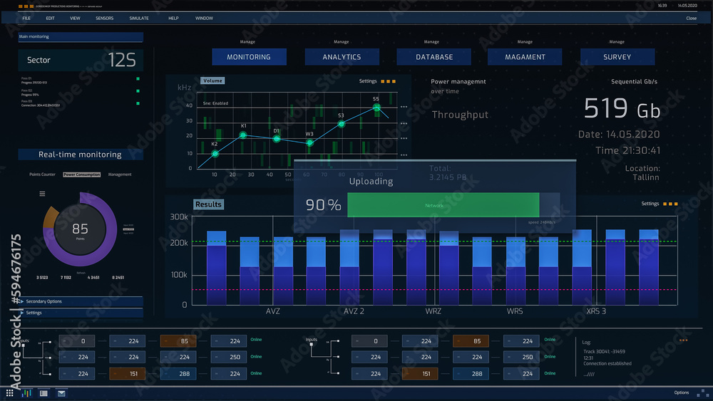 Poster Computer User Interface Showing Various Infographics, Monitoring Data Transfer Speeds, Statistics, Analytics and Proper Functioning of Server Database. Software for Large Facilities Concept.