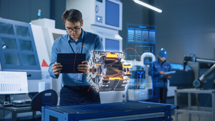 Factory Office Facility: Chief Engineer Developer Holds Tablet Computer, Examins Augmented Reality Model of an Electric Generator. Industry 4.0 Scientific Research and Development Center Concept.