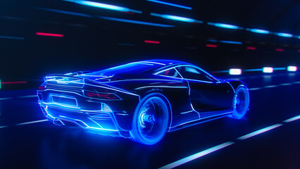 Fototapeta na wymiar 3D Car Model: Detailed Silhouette of Sports Car Driving With High Speed, Racing in the Tunnel to the Light. Supercar Made of Blue Lines Driving Fast on Highway. VFX Special Effect on Image.