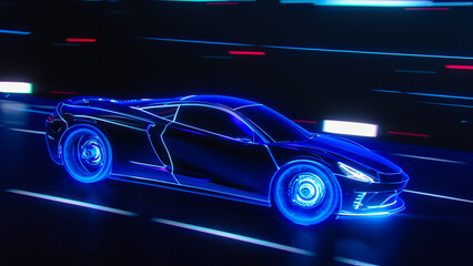 Obraz na płótnie Canvas 3D Car Model: Detailed Silhouette of Sports Car Driving With High Speed, Racing Through the Tunnel into the Light. Supercar Made of Blue Lines Driving Fast on Highway. VFX Special Effect Image.